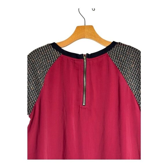 Sanctuary Shirt Women Medium Red Silky Short Tweed Sleeve Back Zip Blouse Preppy - Picture 4 of 7